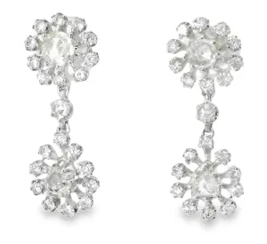 Antique 18K White Gold Rose Cut Old Miner Diamond Floral Drop Dangle Earrings