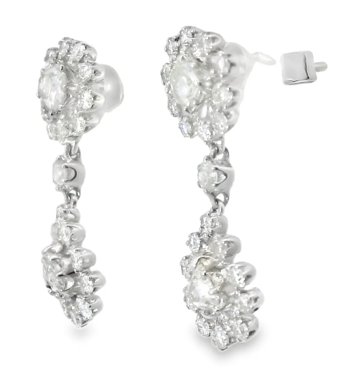 Antique 18K White Gold Rose Cut Old Miner Diamond Floral Drop Dangle Earrings