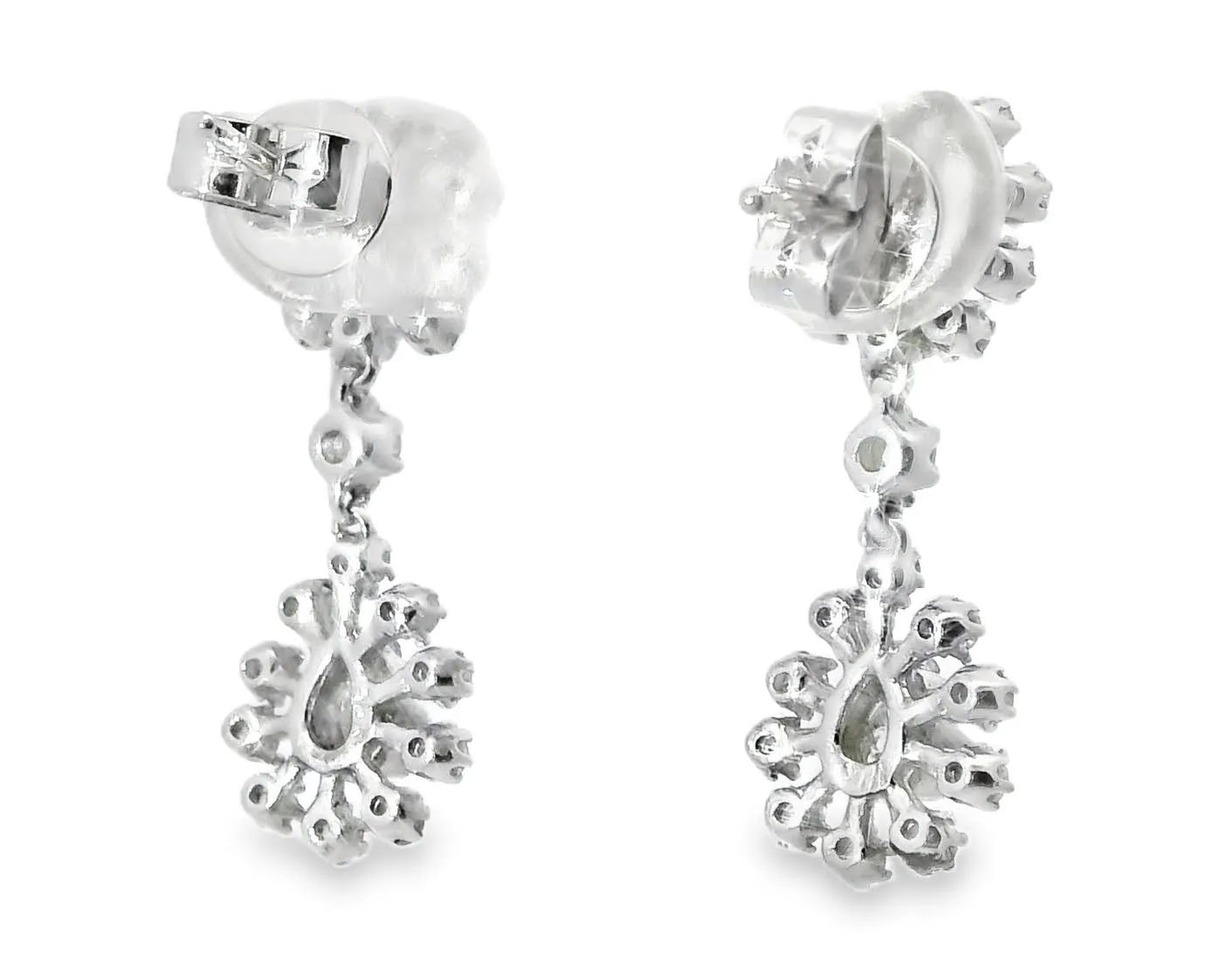 Antique 18K White Gold Rose Cut Old Miner Diamond Floral Drop Dangle Earrings