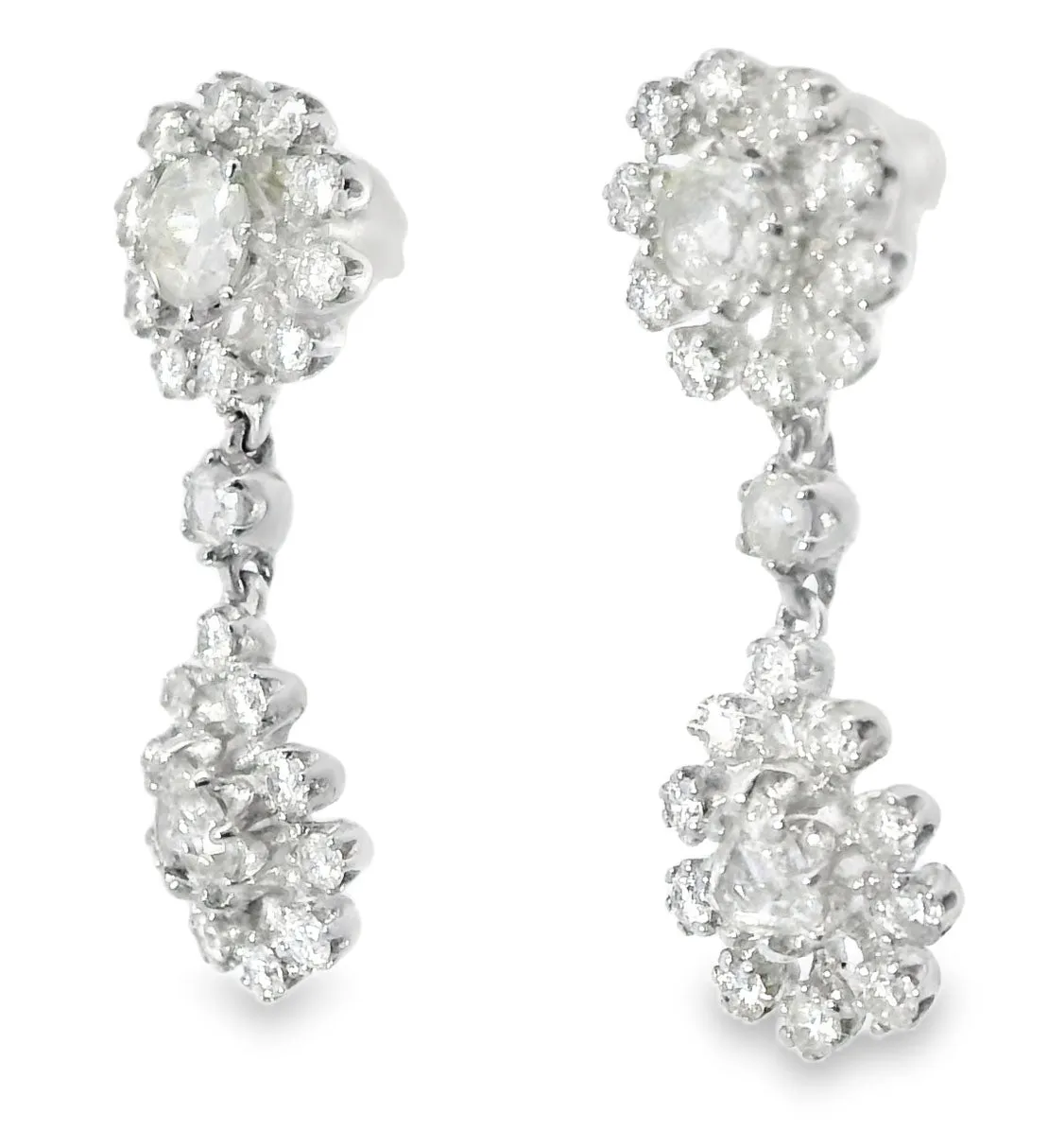 Antique 18K White Gold Rose Cut Old Miner Diamond Floral Drop Dangle Earrings