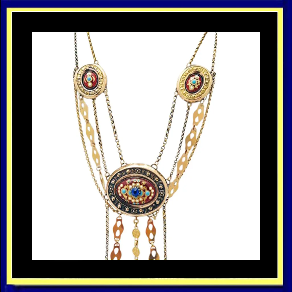 Antique Necklace Normandy France En Esclavage 18k Gold Enamel Paste (5140)