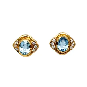 Aquamarine & Diamond Stud Earrings in 18k Yellow Gold