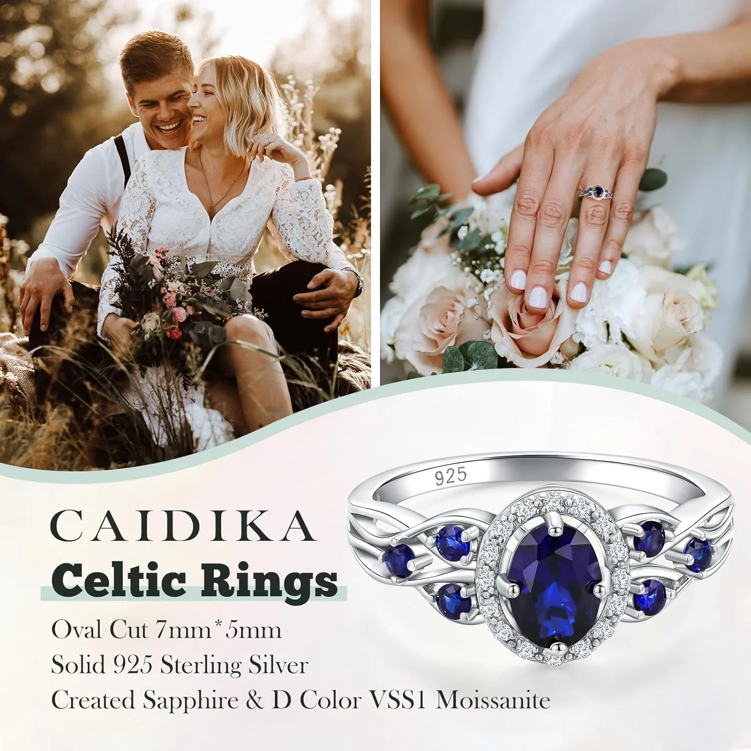 Aquamarine/Amethyst/Emerald/Sapphire/Ruby Engagement Ring for Women, 925 Sterling Silver Celtic Knot Ring Moissanite Inlaid Oval Shaped Birthstone Gemstone Cocktail Statement Rings
