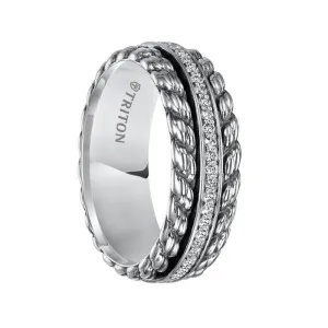 AVIDOR Sterling Silver Cast Wedding Band with Woven Pattern and Raised Center Circle of Diamonds - 7 mm