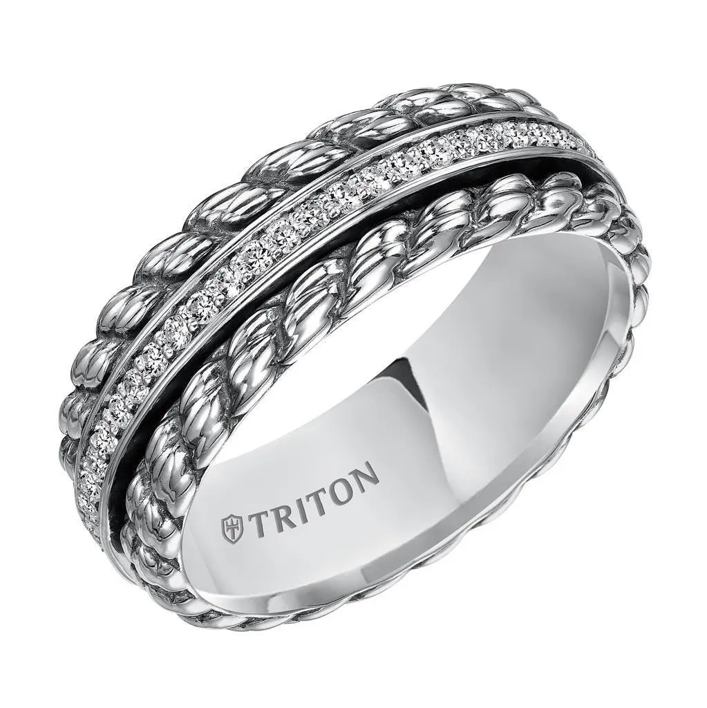 AVIDOR Sterling Silver Cast Wedding Band with Woven Pattern and Raised Center Circle of Diamonds - 7 mm