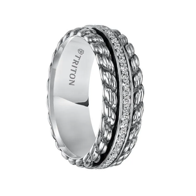 AVIDOR Sterling Silver Cast Wedding Band with Woven Pattern and Raised Center Circle of Diamonds - 7 mm