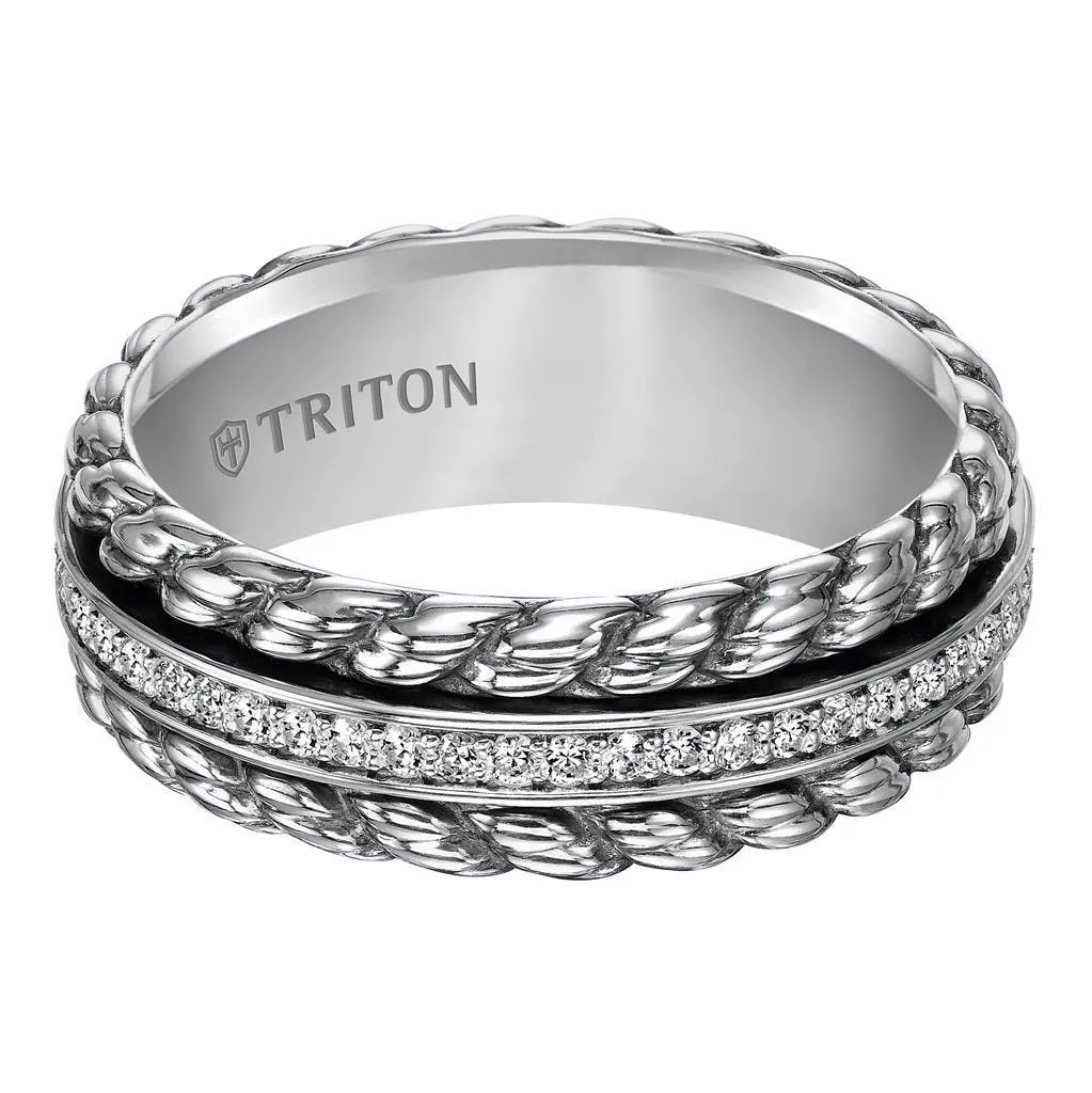 AVIDOR Sterling Silver Cast Wedding Band with Woven Pattern and Raised Center Circle of Diamonds - 7 mm