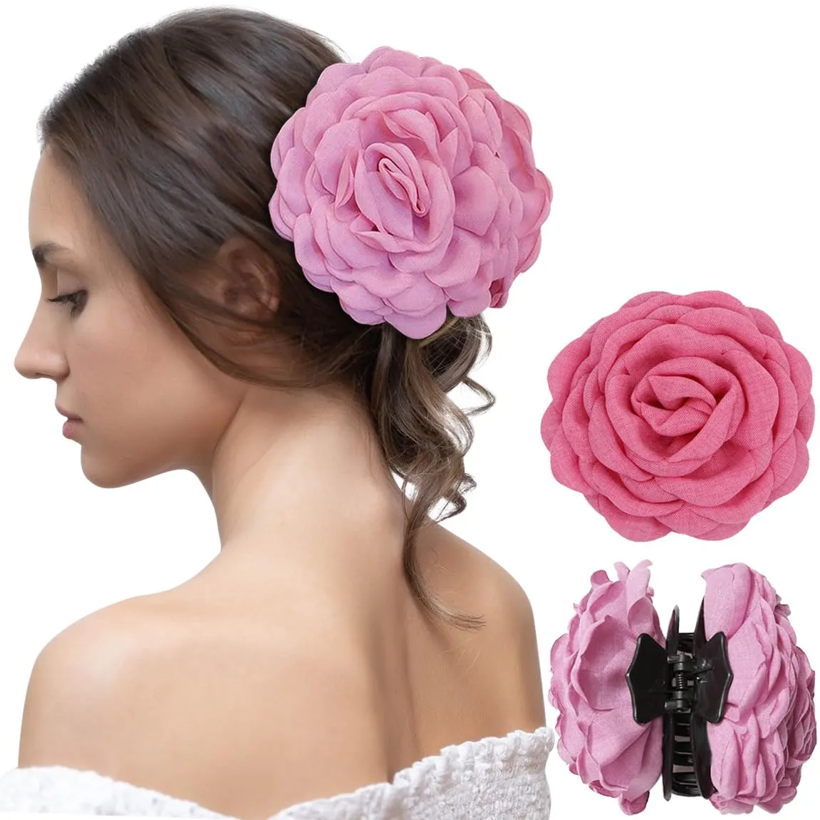 Babalet 2PCS Hair Clips for Women Large Rose Flower Hair Claw Clips for Thick Thin Long Hair Cute Hair Accessories(HotPink,Pink)