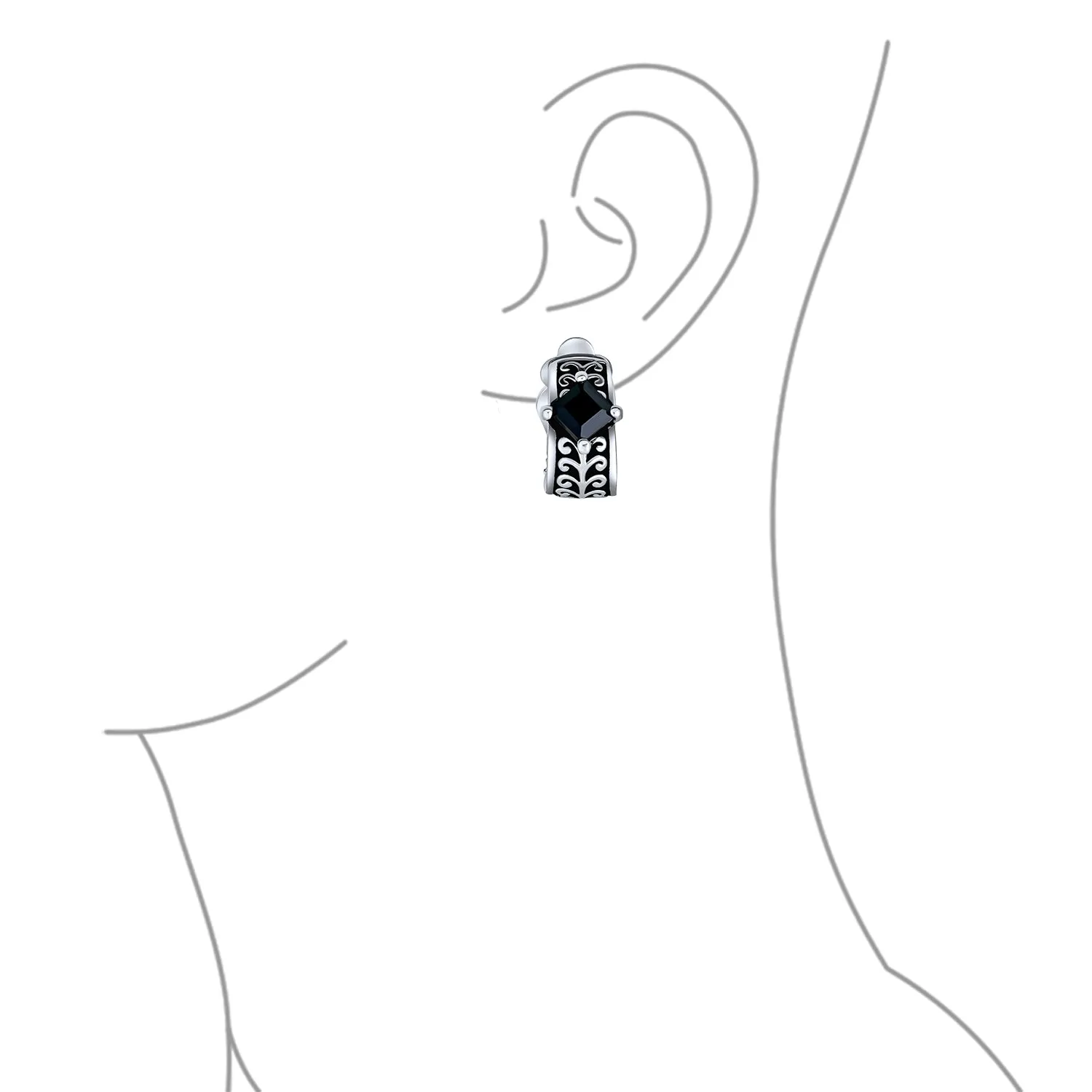 Bali Black Crystal Vines Scroll Half Hoop Clip-On Earrings Non-Pierced Ears