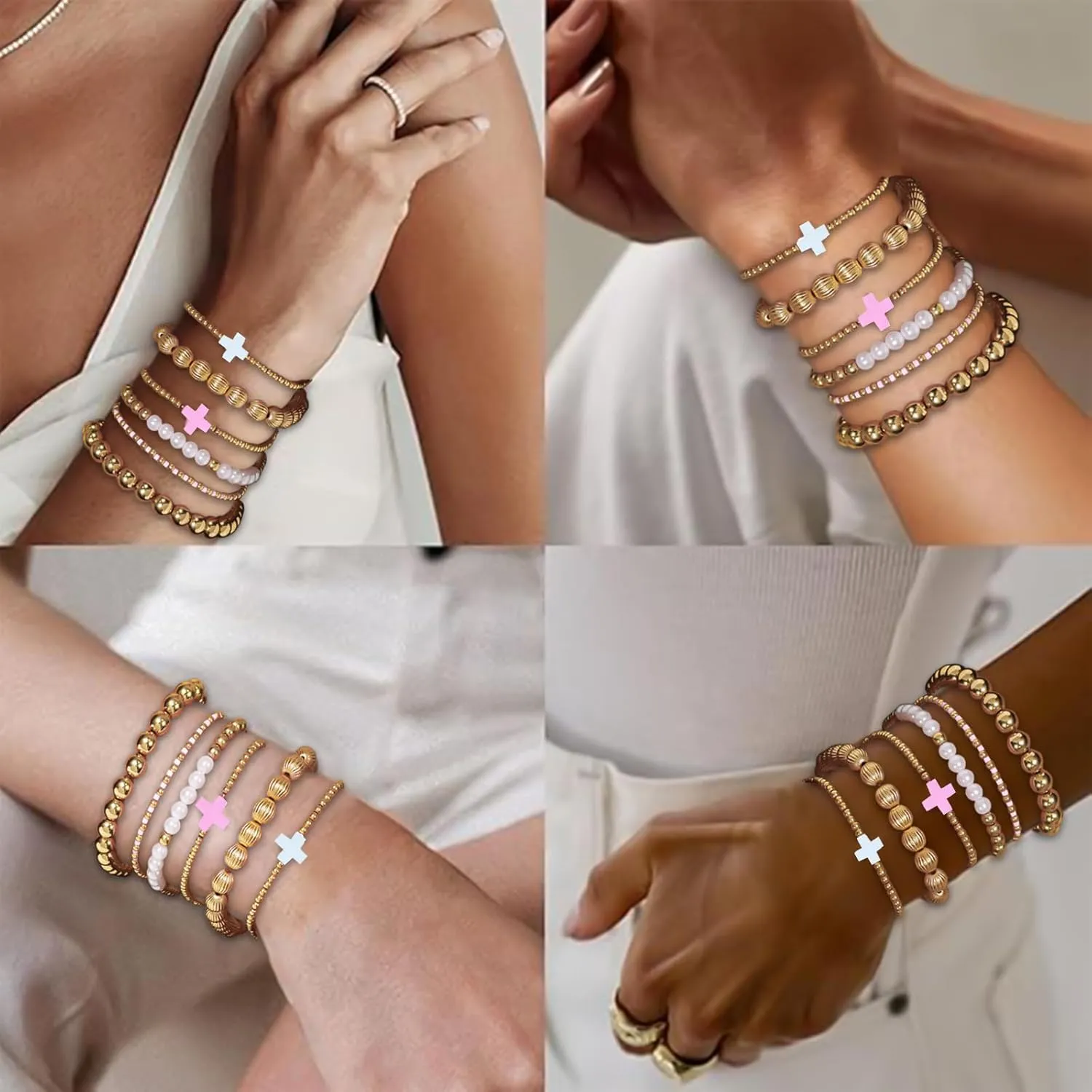 Beaded Bracelets for Women,Gold Plated Beads Stretch Bracelet,Adjustable Cross Charms Pearl Trendy Beaded Bracelet,Stackable Bracelets,Dainty Boho Summer Beach Jewelry Gift for Sister