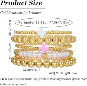 Beaded Bracelets for Women,Gold Plated Beads Stretch Bracelet,Adjustable Cross Charms Pearl Trendy Beaded Bracelet,Stackable Bracelets,Dainty Boho Summer Beach Jewelry Gift for Sister