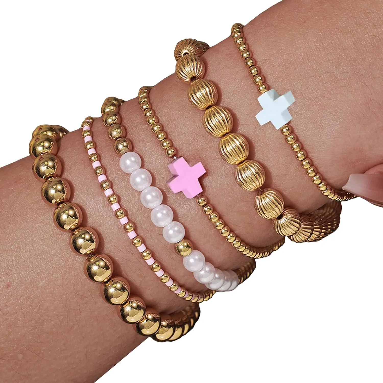 Beaded Bracelets for Women,Gold Plated Beads Stretch Bracelet,Adjustable Cross Charms Pearl Trendy Beaded Bracelet,Stackable Bracelets,Dainty Boho Summer Beach Jewelry Gift for Sister