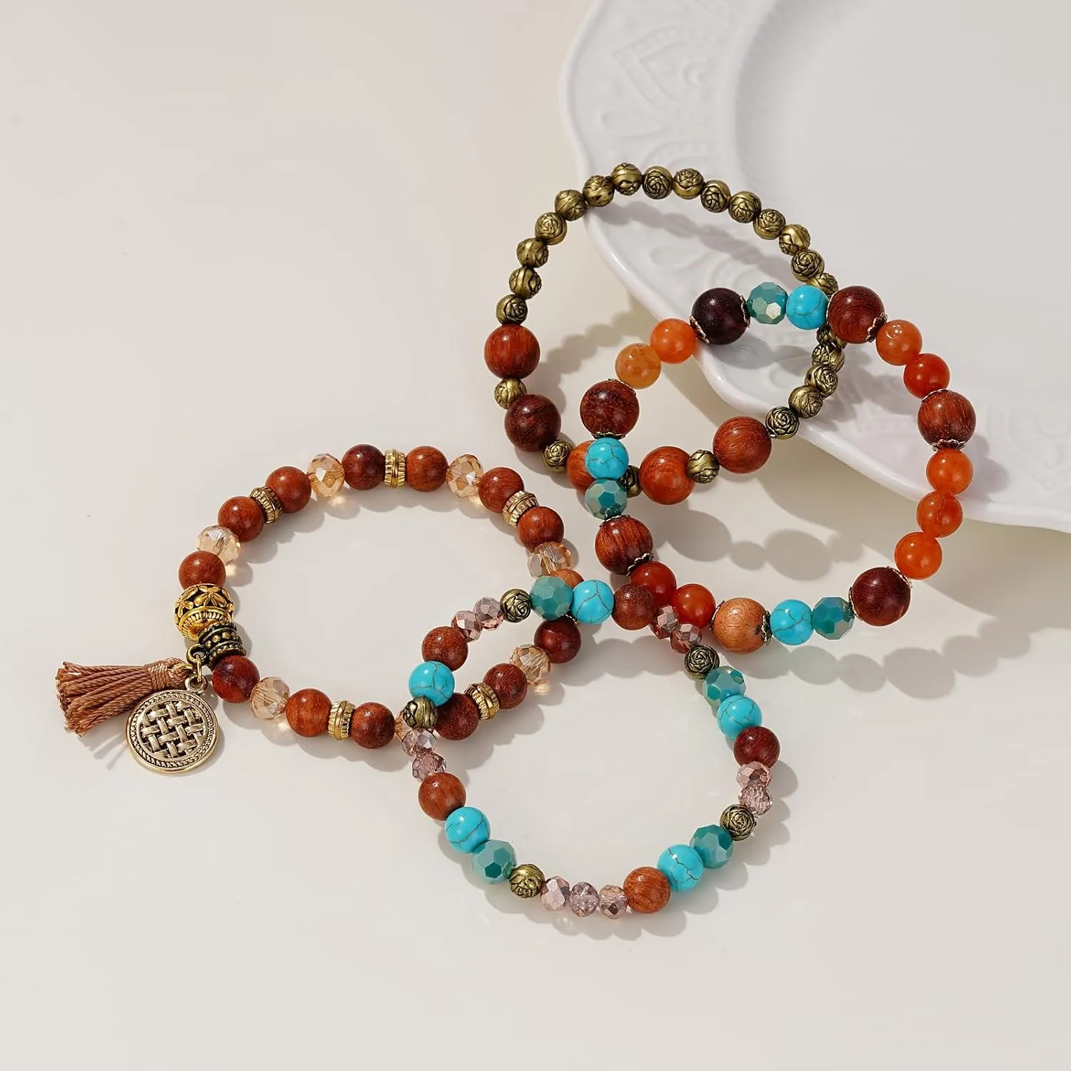 Beaded Stretch Bracelets Set for Women Stack Boho Crystal Gold Bead Bracelet Set Heart Charm Bracelet Bohemian Summer Beach Bracelets Jewelry