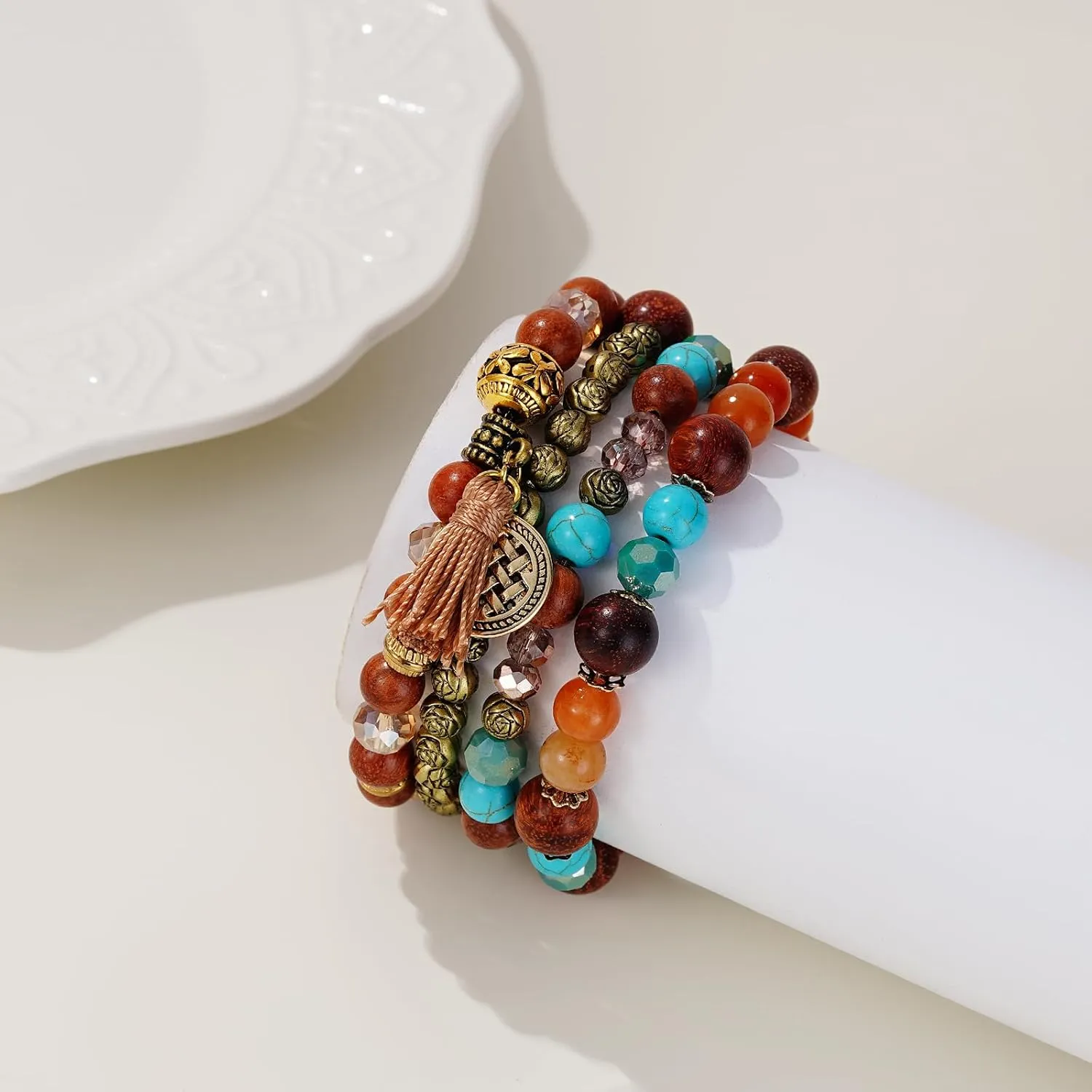 Beaded Stretch Bracelets Set for Women Stack Boho Crystal Gold Bead Bracelet Set Heart Charm Bracelet Bohemian Summer Beach Bracelets Jewelry