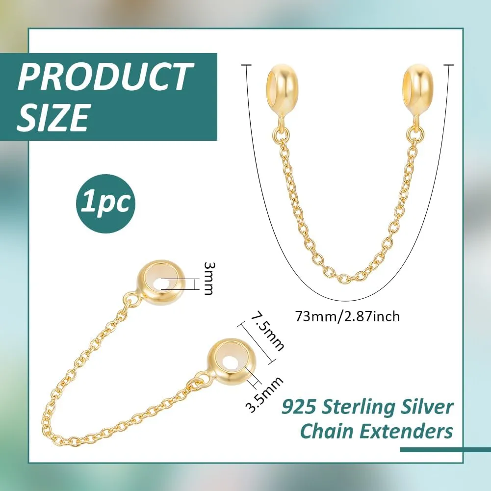 BENECREAT 925 Sterling Silver Safety Chain, Bracelets Dangle Pendant Bead Charm, 2.8inch Long Chain Extenders for European Charm Bracelets