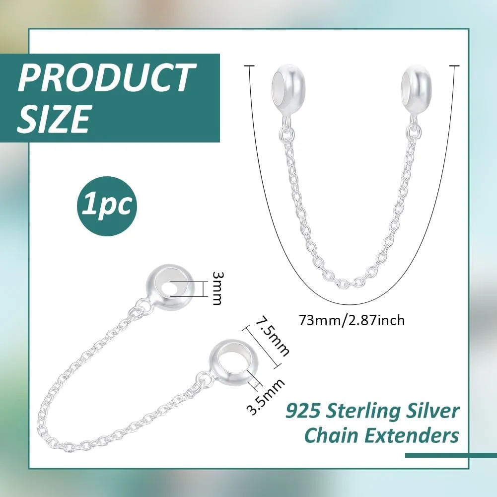 BENECREAT 925 Sterling Silver Safety Chain, Bracelets Dangle Pendant Bead Charm, 2.8inch Long Chain Extenders for European Charm Bracelets