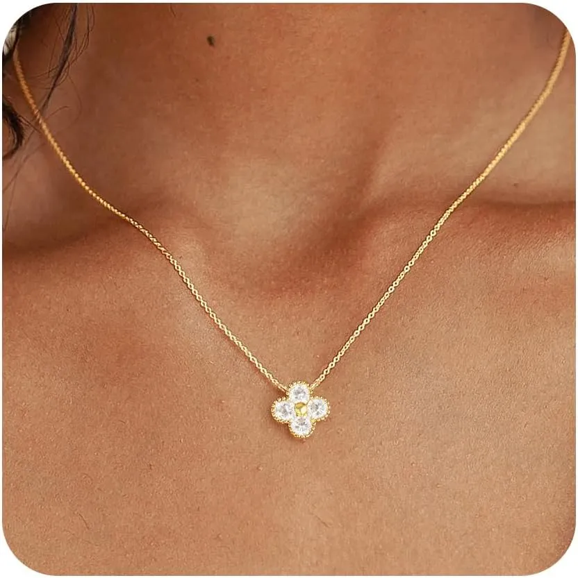 Birthstone Necklace for Women Non Tarnish 14K Gold Plated Four Leaf Clover Necklace Dainty Gold Choker Necklaces for Women Trendy CZ Emerald Pendant Necklace Jewelry Birthday Gifts for Women