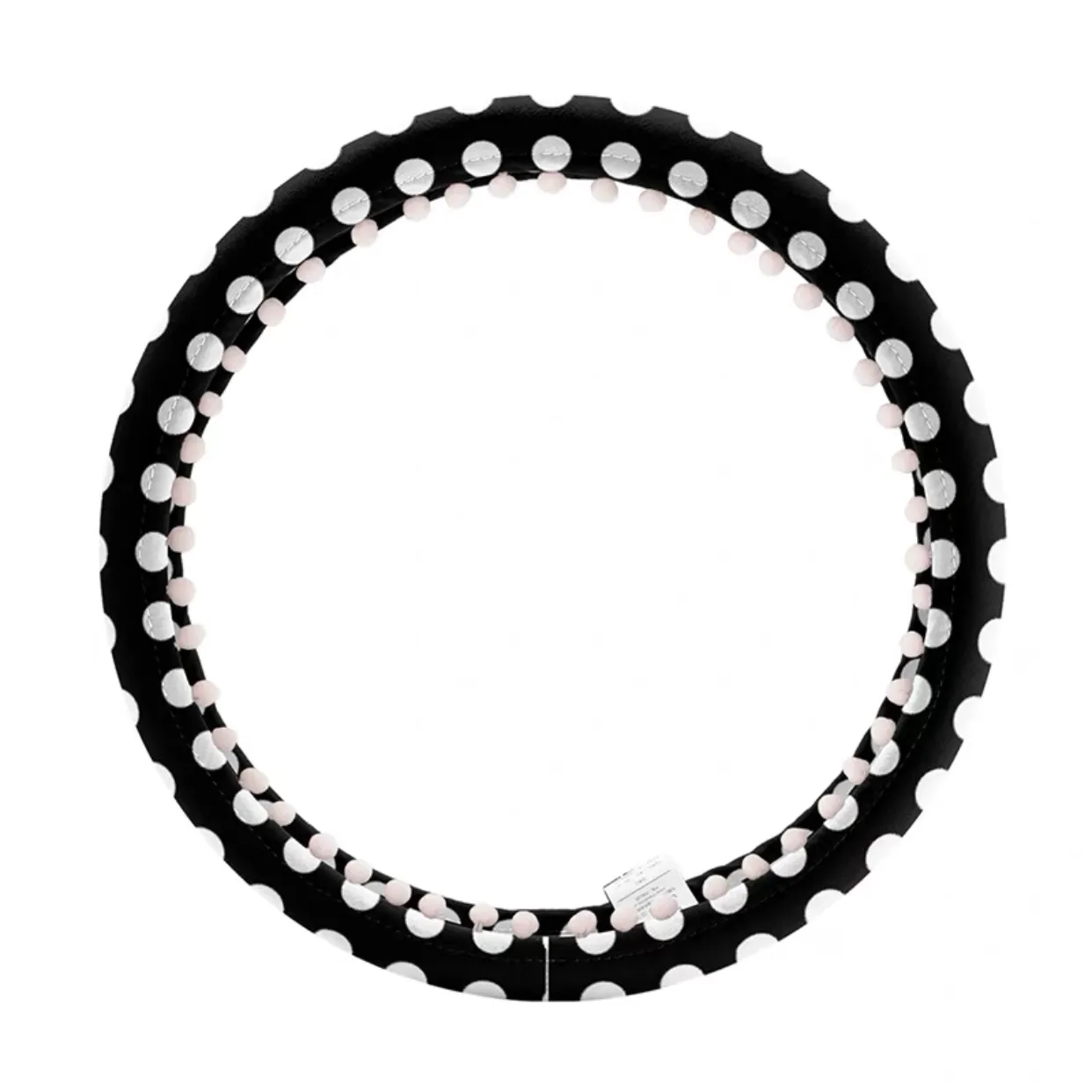Black and white polka dots Steering wheel cover with white small bubble pom pom pendants