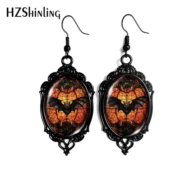 Black Bat Moon Halloween Dangle Earrings