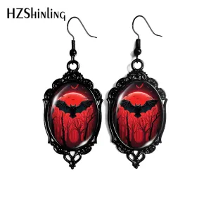Black Bat Moon Halloween Dangle Earrings