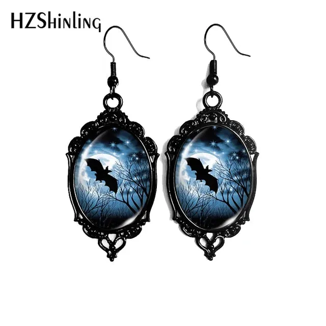Black Bat Moon Halloween Dangle Earrings