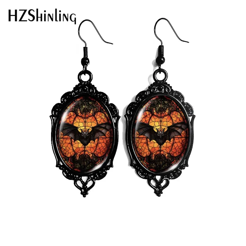 Black Bat Moon Halloween Dangle Earrings