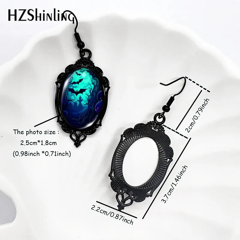 Black Bat Moon Halloween Dangle Earrings