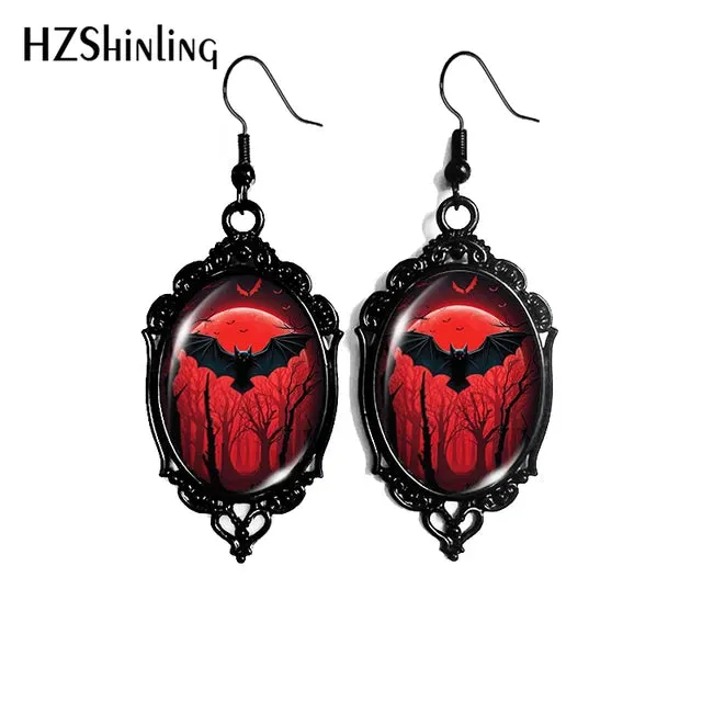 Black Bat Moon Halloween Dangle Earrings