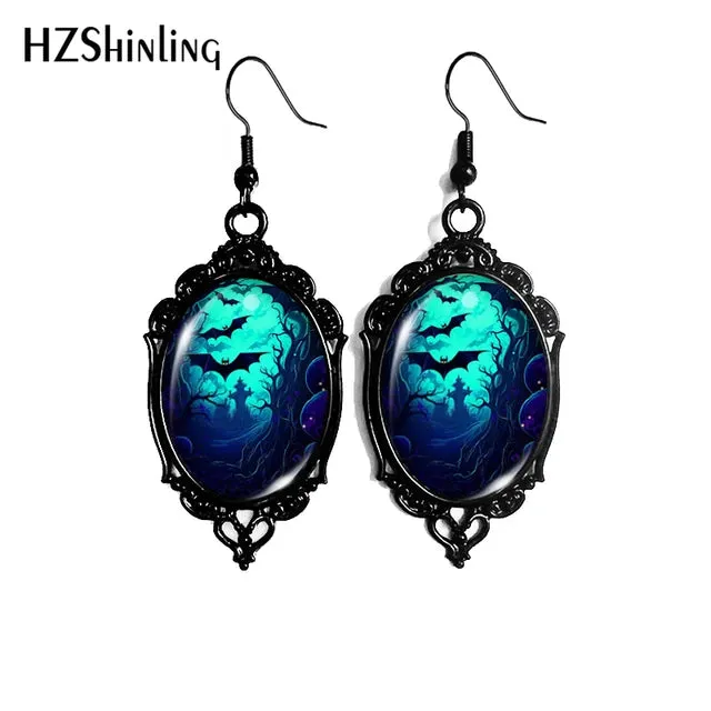 Black Bat Moon Halloween Dangle Earrings