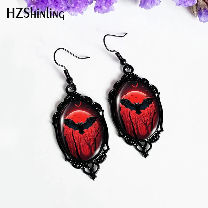 Black Bat Moon Halloween Dangle Earrings