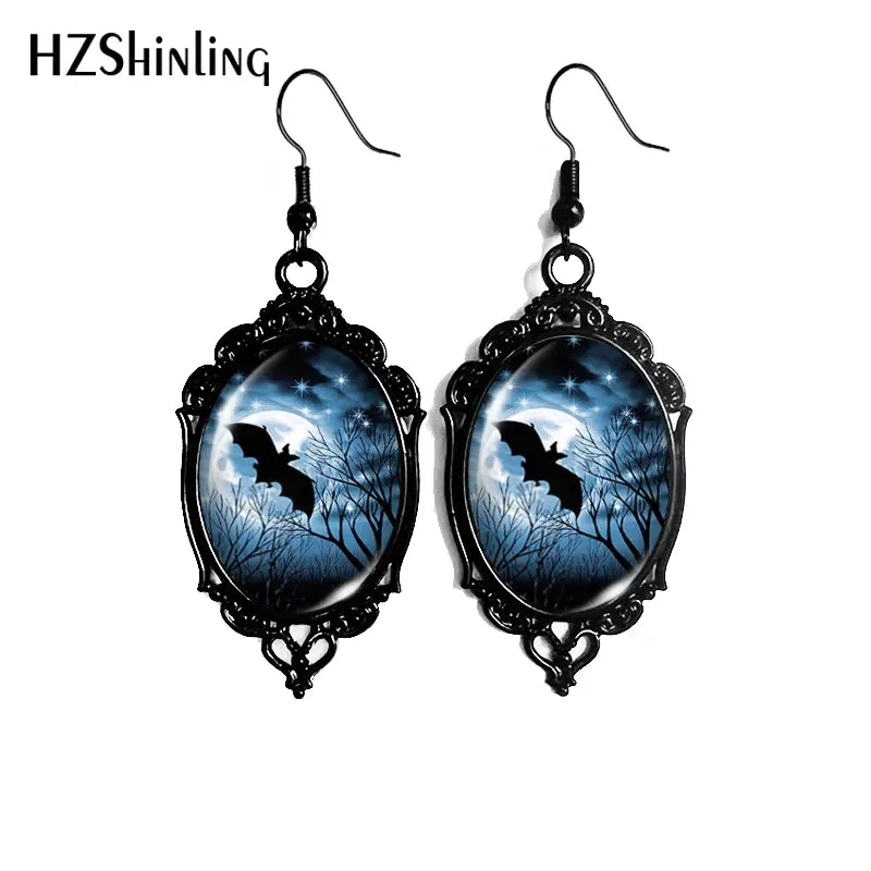 Black Bat Moon Halloween Dangle Earrings