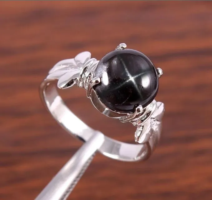 Black Star Sapphire Ring Gemstone Handmade 925 Sterling Silver Ring Stackable Engagement Rings