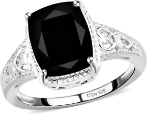 Black Tourmaline Ring in 925 Sterling Silver - October Birthstone Rings for Women - Engagement Promise Floral Statement Vintage Solitaire Tourmaline Jewelry Birthday Gifts