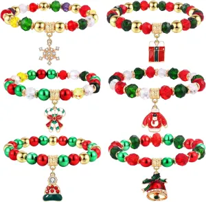 boderier 6 Pack Christmas Beaded Bracelet Set Snowflake Jingle Bell Charm Bracelet Xmas Holiday Costume Beaded Stretch Bracelet for Women Party Gifts