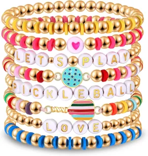 boderier 8 Pack Pickleball Bracelets Stackable Heishi Beaded Pickleball Paddle Stretch Bracelets Game Day Pickleball Friendship Bracelet Sports Fan Gifts for Women