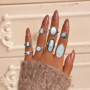 Bohemian Joint Knuckle Rings Set Vintage Oval Gemstone Knuckle Rings Antique Moonstone Opal Gemstone Rings Crown Knuckle Stackable Mood Rings Set for Women8 PCS