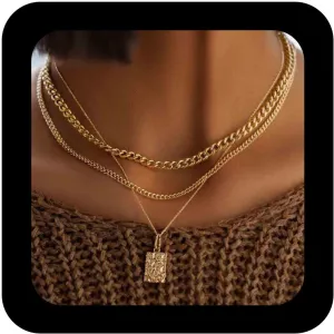 Bohemian Layered Gold Necklace Choker Texture Square Pendant Necklaces Layering Square Choker Necklace Plated Curb Chain Necklaces Jewelry for Women