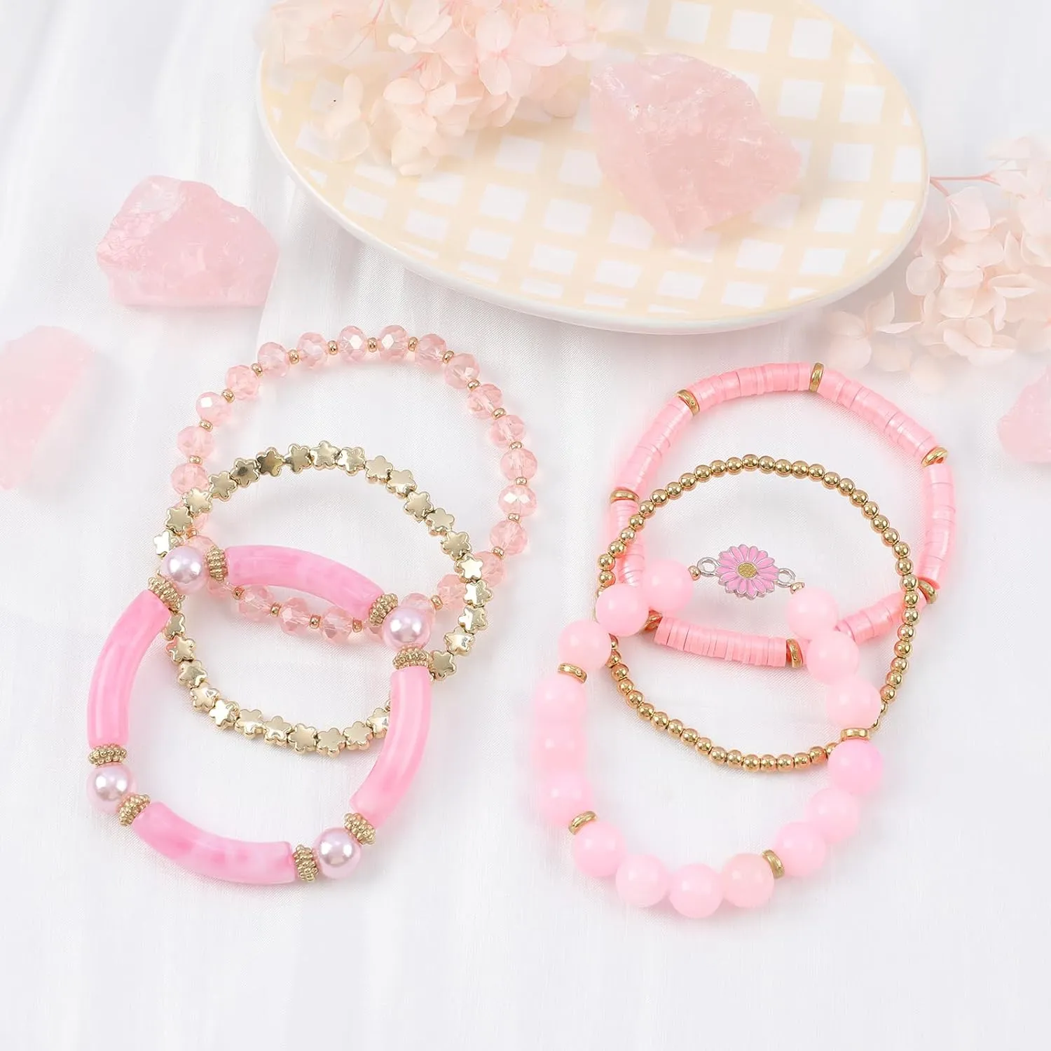 Bohemian Natural Stone Beaded Bracelets for Women Men Stackable Stretch Beads Bracelet Set with Charm and Tassel Multilayered Elastic Gemstone Bracelets Summer Beach Boho Jewelry Gift for Women