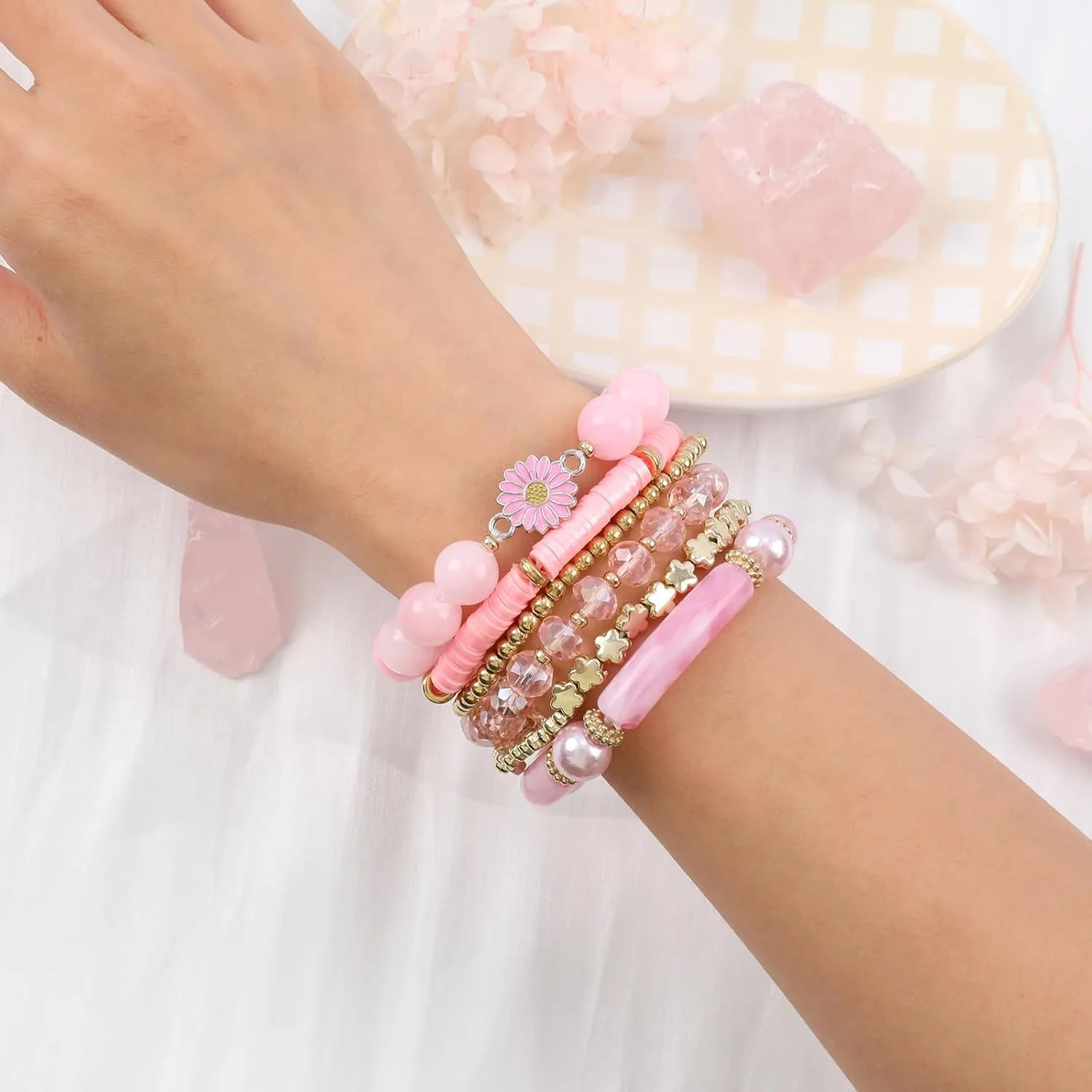 Bohemian Natural Stone Beaded Bracelets for Women Men Stackable Stretch Beads Bracelet Set with Charm and Tassel Multilayered Elastic Gemstone Bracelets Summer Beach Boho Jewelry Gift for Women