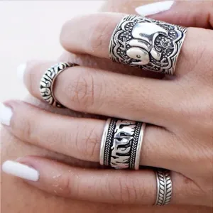 Bohemian Vintage Elephant Totem Leaf Lucky Ring Set - for Women