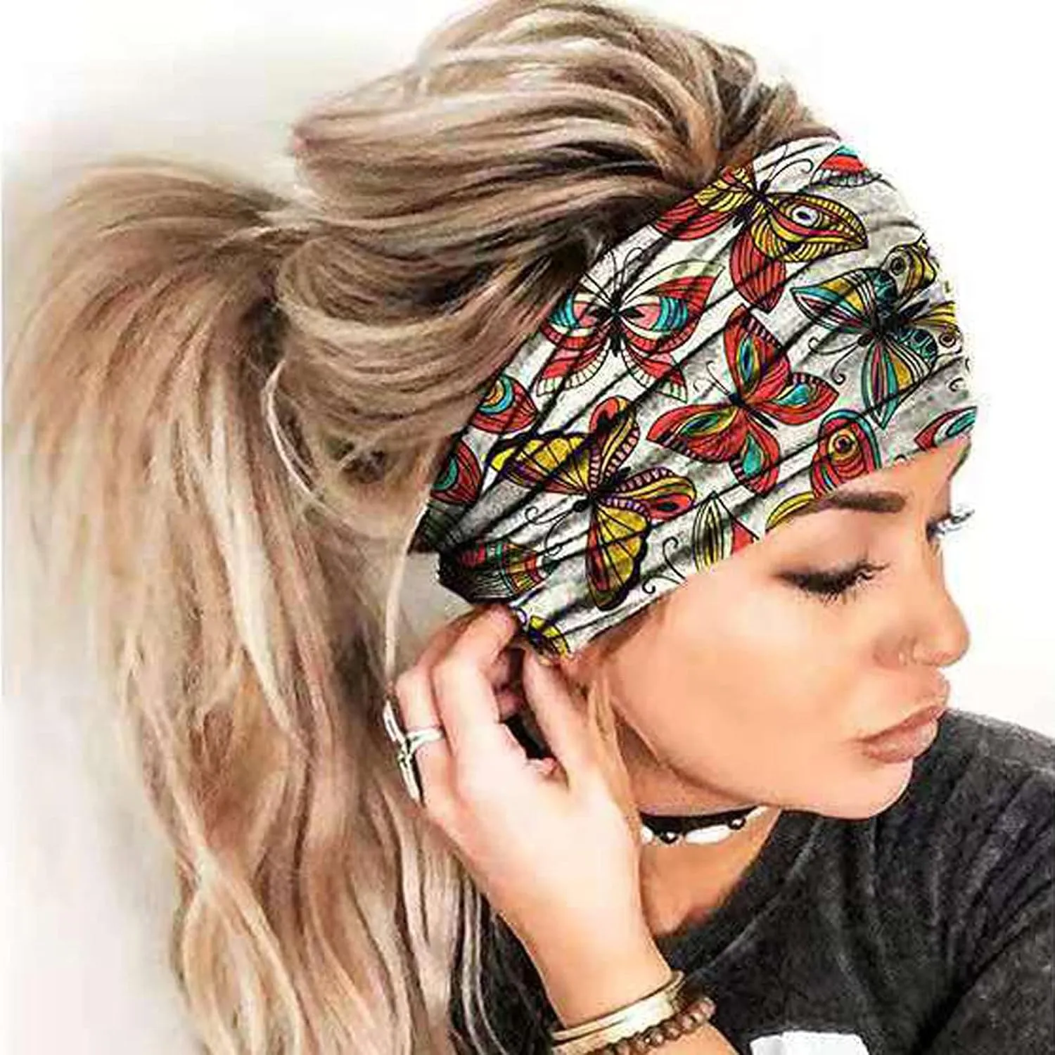 Boho Headbands For Women Fashion Stretchy Wide Hair Bands Yoga Workout Head Bands Hair Accessories 4 Pack (Red, One Size)