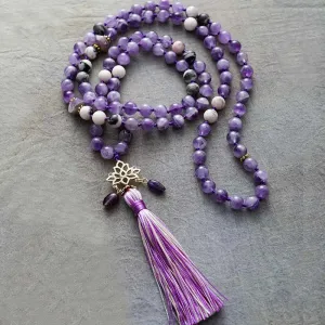 Boho Necklace - Crystal Amethyst Spiritual Lotus Pendant Malas Necklaces