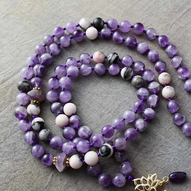 Boho Necklace - Crystal Amethyst Spiritual Lotus Pendant Malas Necklaces