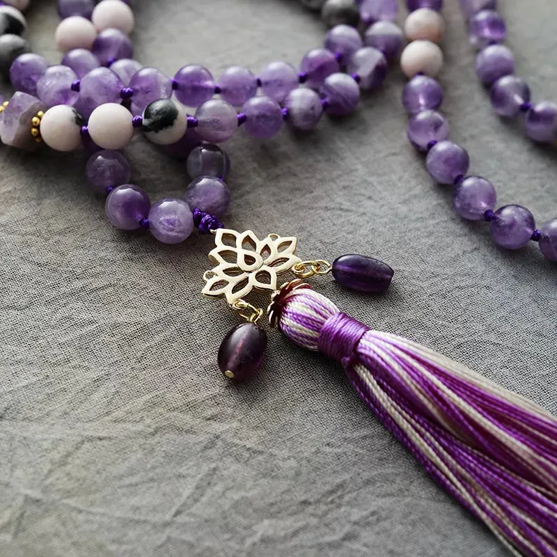 Boho Necklace - Crystal Amethyst Spiritual Lotus Pendant Malas Necklaces