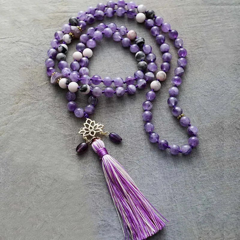 Boho Necklace - Crystal Amethyst Spiritual Lotus Pendant Malas Necklaces