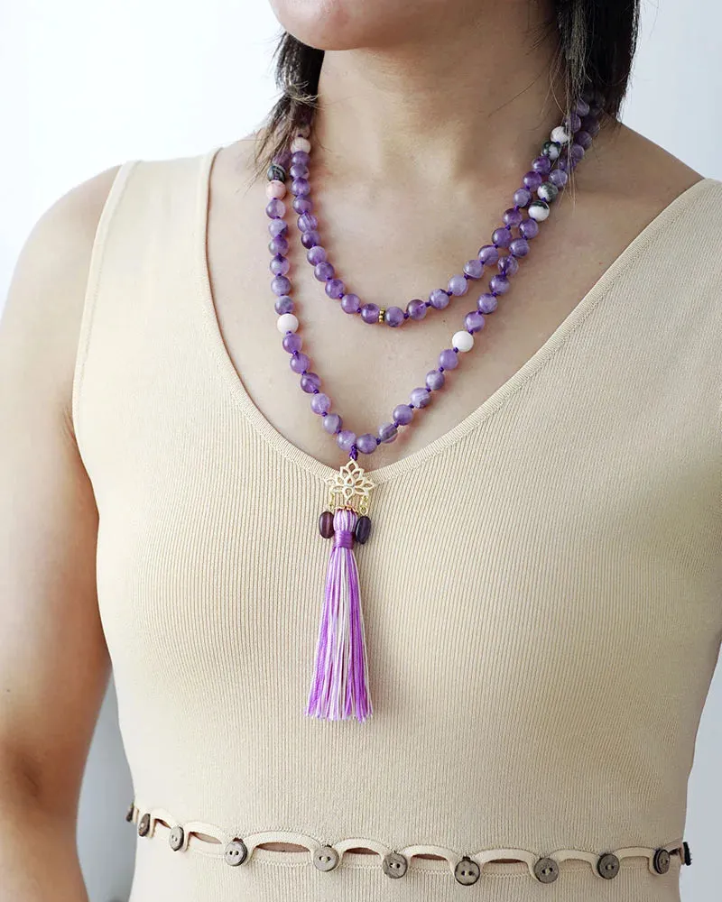 Boho Necklace - Crystal Amethyst Spiritual Lotus Pendant Malas Necklaces