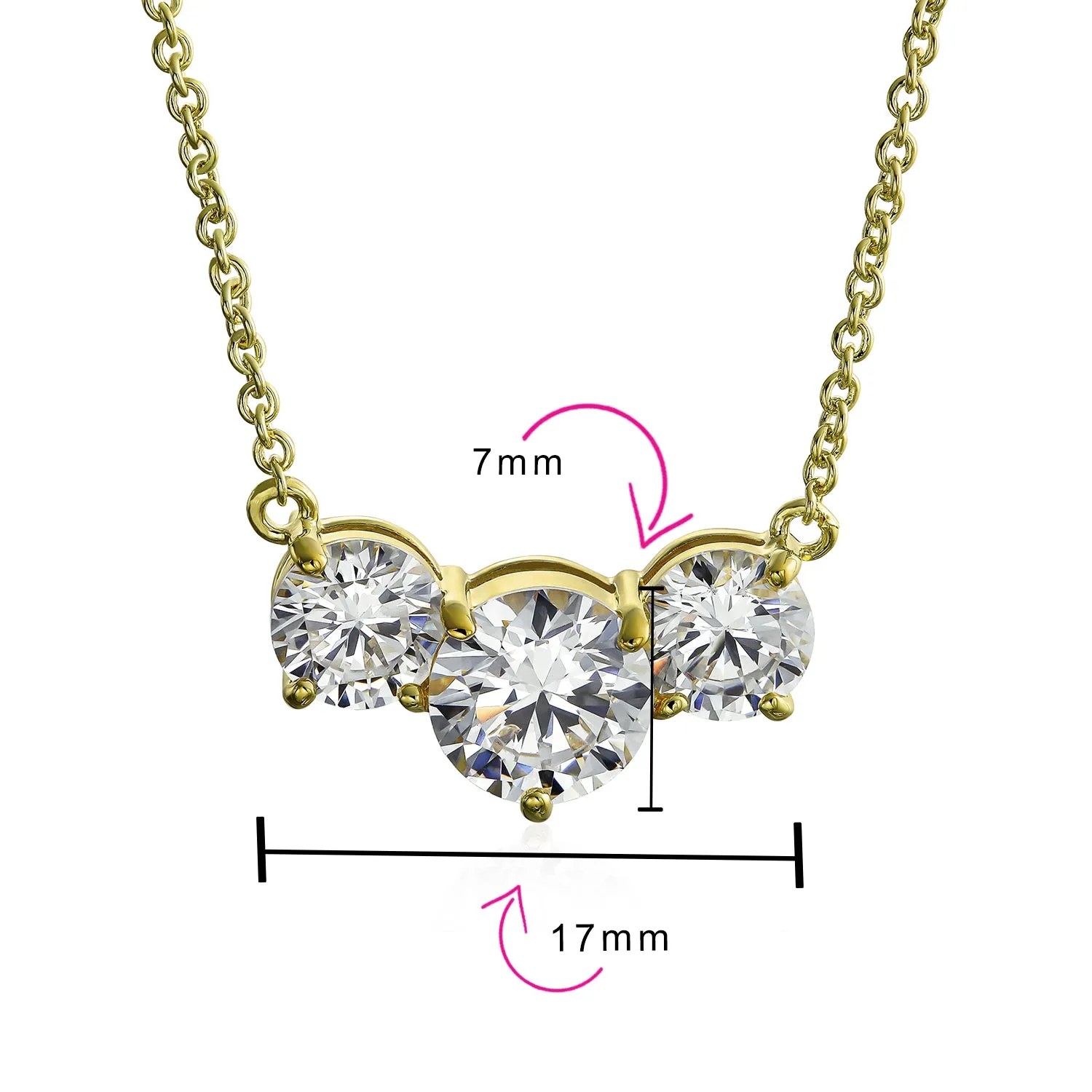 Bridal 2CTW Three Stone Past Present Future Solitaire CZ Necklace Gold Plated