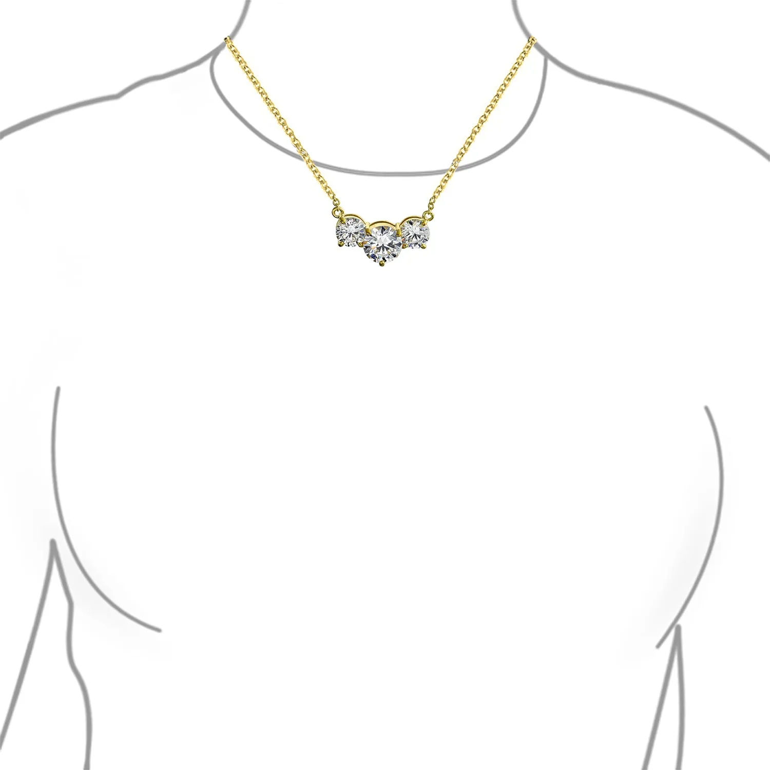 Bridal 2CTW Three Stone Past Present Future Solitaire CZ Necklace Gold Plated