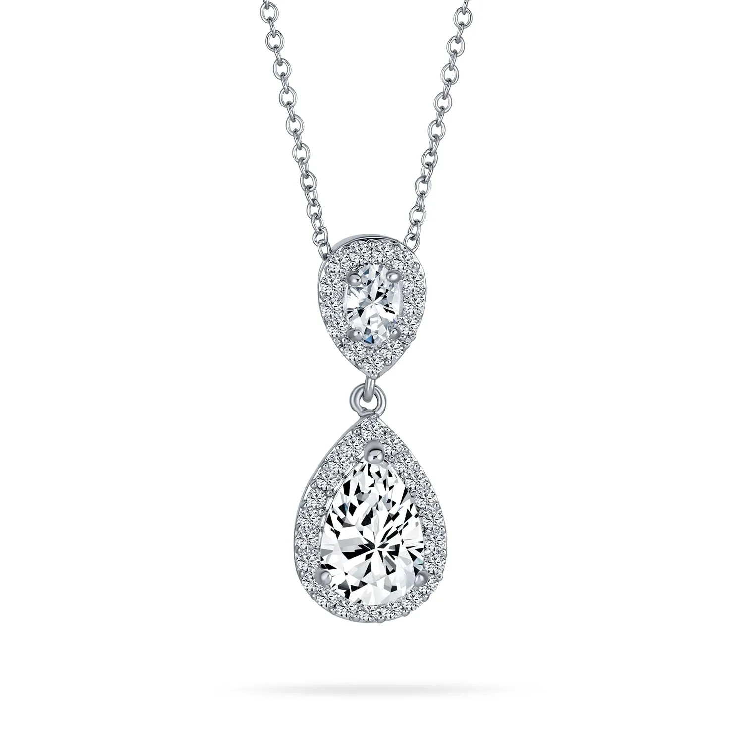 Bridal Necklace Pear CZ Teardrop Solitaire Pendant Wedding Silver Plated Brass