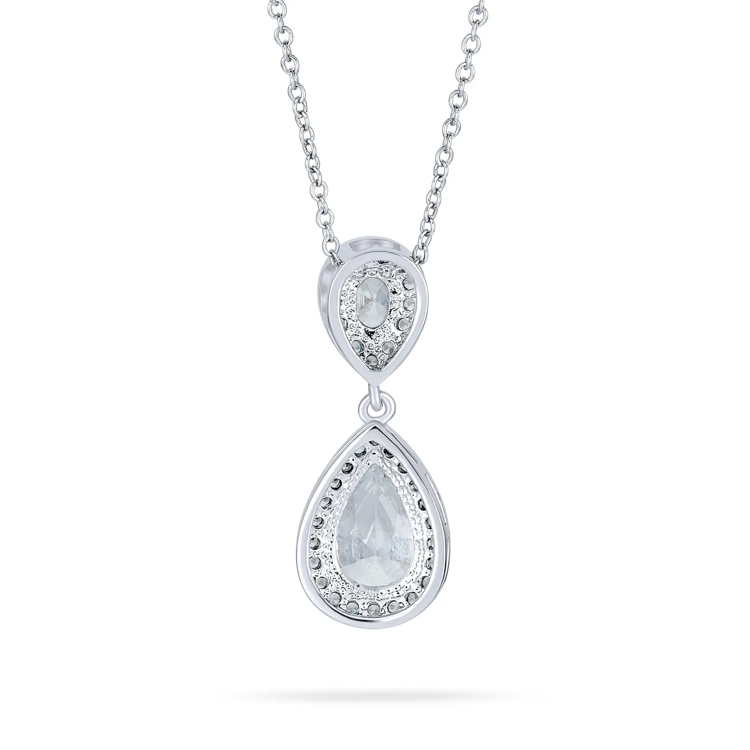Bridal Necklace Pear CZ Teardrop Solitaire Pendant Wedding Silver Plated Brass